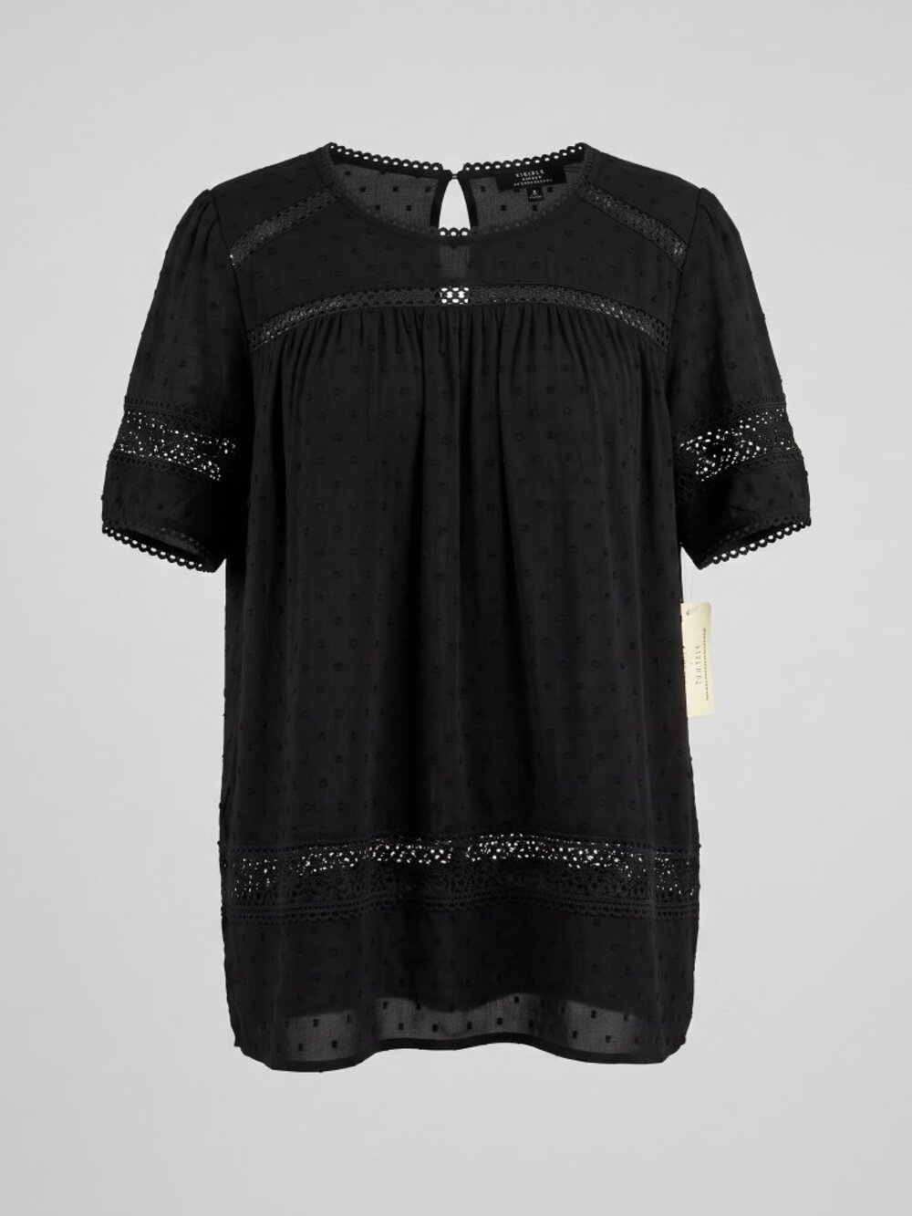 Flower & Feather NWT Black Rayon Clip Dot Lace Insert Blouse 2XL